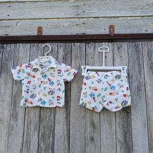 Vintage Pajama Set By Sears Baby Infant Boys All Cotton 14- 19 Lbs Trains